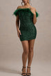 Febedress Off Shoulder Feather Trim Sequin Mini Party Dress