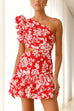 Febedress One Shoulder Cut Out Floral Print Ruffle Mini Dress