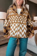 Febedress Button Down Drawstring Hem Geometric Pattern Sweater Cardigan