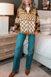 Febedress Button Down Drawstring Hem Geometric Pattern Sweater Cardigan