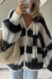 Febedress Lantern Sleeves Button Down Color Block Stripes Sweater with Scarf