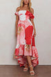 Off Shoulder Ruched Bust Ruffle Hem Floral Print Maxi Dress