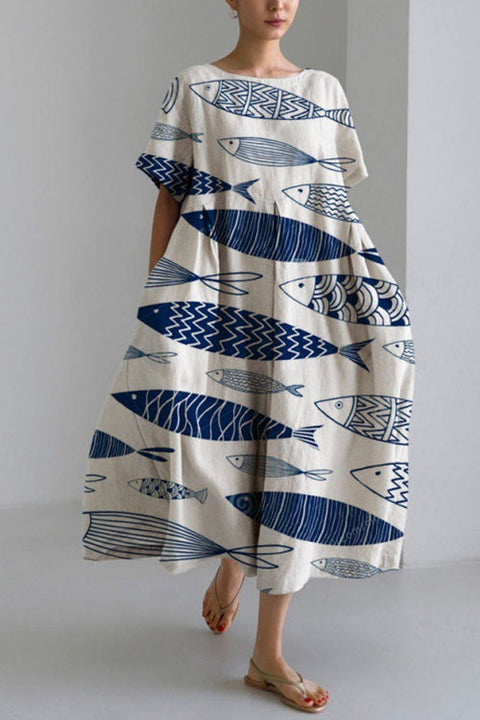 Febedress Printed Short Sleeves Pocketed A-line Midi Dress