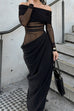 Febedress Off Shoulder Long Sleeves Mesh Splice Maxi Dress