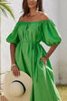 Febedress Off Shoulder Puff Sleeves Pocketed Baggy Midi Dress