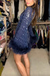 Febedress Stand Collar Feather Trim Sequin Mini Party Dress