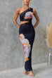 Febedress One Shoulder Cut Out Lace Splice Floral Maxi Bodycon Dress