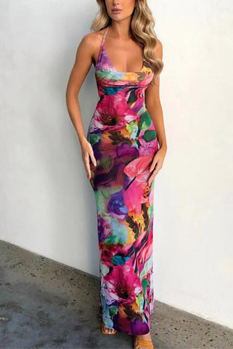 Febedress Halter Open Back Printed Stretchy Maxi Bodycon Dress