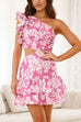 Febedress One Shoulder Cut Out Floral Print Ruffle Mini Dress