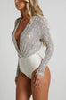 Febedress Wrap Deep V Neck Long Sleeves Sequin Bodysuit