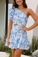 Febedress One Shoulder Cut Out Floral Print Ruffle Mini Dress