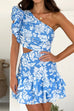 Febedress One Shoulder Cut Out Floral Print Ruffle Mini Dress