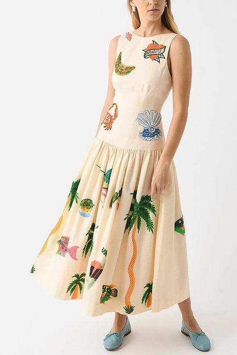 Febedress Sleeveless Tropic Print Open Back Ruffle Maxi Dress