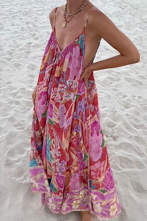 Febedress V Neck Spaghetti Strap Backless Floral Print Maxi Vacation Dress