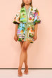 Febedress Lantern Sleeves Tie Waist Cotton Linen Resort Print Shirt Dress