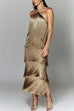 Febedress Chicest Halter Ruffle Layered Fringe Maxi Party Dress