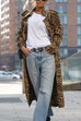 Febedress Lapel Open Front Leopard Midi Trendy Coat