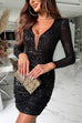 Febedress Mesh V Neck Ruched Sequin Bodycon Mini Party Dress