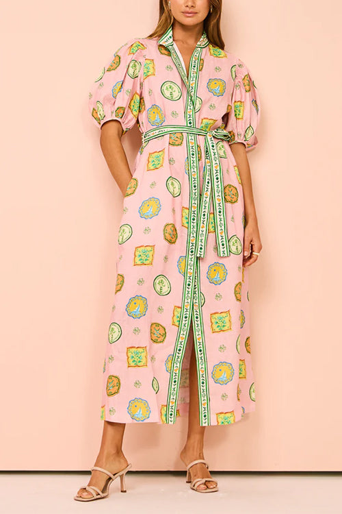 Febedress Lantern Sleeves Button Down Tie Waist Printed Midi Shirt Dress