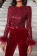 Febedress Feather-Paneled Long Sleeves Bell Bottoms Sequin Jumpsuit