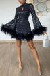 Febedress Stand Collar Feather Trim Sequin Mini Party Dress