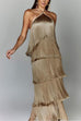 Febedress Chicest Halter Ruffle Layered Fringe Maxi Party Dress