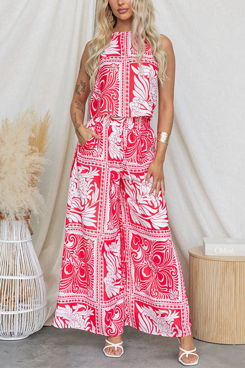 Sleeveless Crop Top and Elastic Waist Wide Leg Pants Printed Set