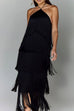 Febedress Chicest Halter Ruffle Layered Fringe Maxi Party Dress