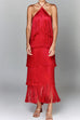 Febedress Chicest Halter Ruffle Layered Fringe Maxi Party Dress