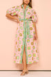 Febedress Lantern Sleeves Button Down Tie Waist Printed Midi Shirt Dress