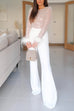 Febedress Feather-Paneled Long Sleeves Bell Bottoms Sequin Jumpsuit