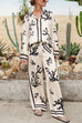 Febedress Coral Reef Print Long Sleeves Blouse Shirt Wide Leg Pants Satin Set