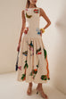 Febedress Sleeveless Tropic Print Open Back Ruffle Maxi Dress