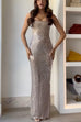 Febedress Strapless Back Slit Rhinestone Bodycon Maxi Party Dress