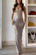 Febedress Strapless Back Slit Rhinestone Bodycon Maxi Party Dress