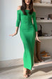 Febedress Off Shoulder Long Sleeves Back Slit Bodycon Maxi Dress