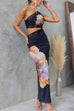 Febedress One Shoulder Cut Out Lace Splice Floral Maxi Bodycon Dress