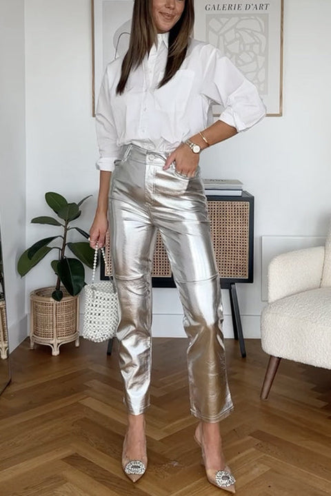 Febedress High Rise Metallic Faux Leather Cropped Pants