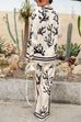 Febedress Coral Reef Print Long Sleeves Blouse Shirt Wide Leg Pants Satin Set