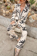 Febedress Coral Reef Print Long Sleeves Blouse Shirt Wide Leg Pants Satin Set