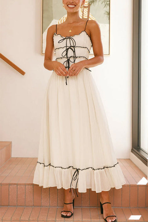 Febedress Spaghetti Strap Frill Trim Tie Bow Maxi Dress