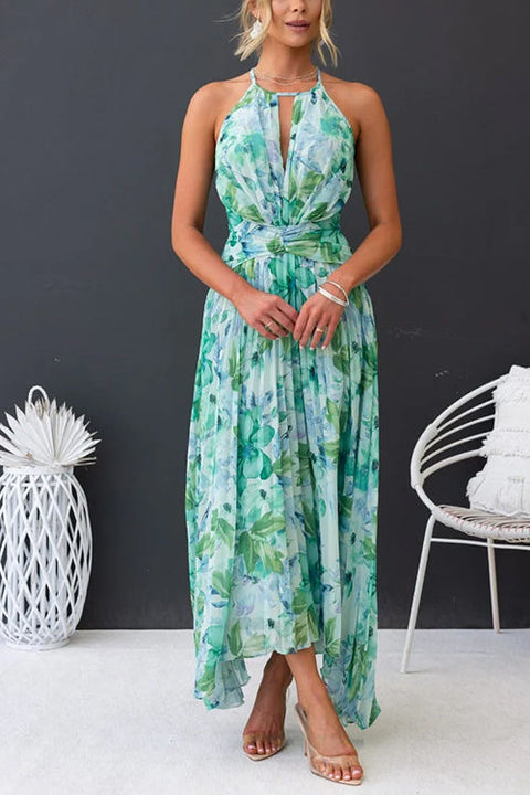 Febedress V Neck Waisted Cut Out Floral Pleated Maxi Dress