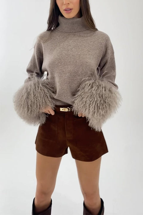 Turtleneck Fur Cuffs Solid Sweater