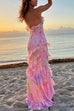 Febedress Spaghetti Strap Backless Ruffle Trim Printed Maxi Dress