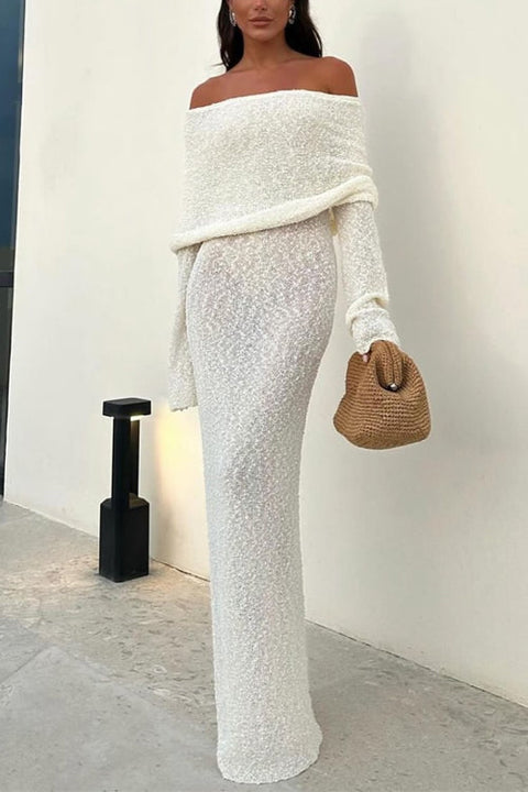 Febedress Off Shoulder Long Sleeves Bodycon Knit Maxi Dress