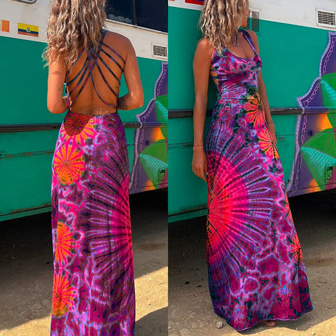 Febedress Criss Cross Backless Tie Dye Maxi Cami Dress