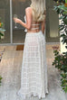 Febedress Ruffle Trim Halter Backless Crop Top Drawstring Waist Pleated Maxi Skirt Set