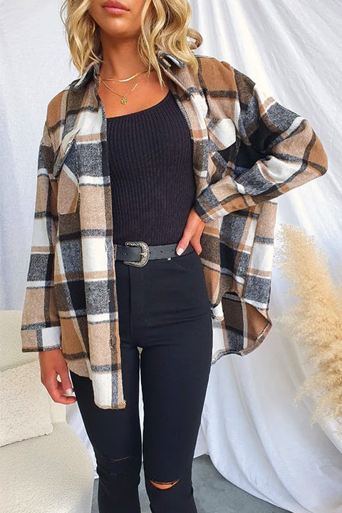 Febedress Lapel Button Down Pockets Plaid Shacket Coat