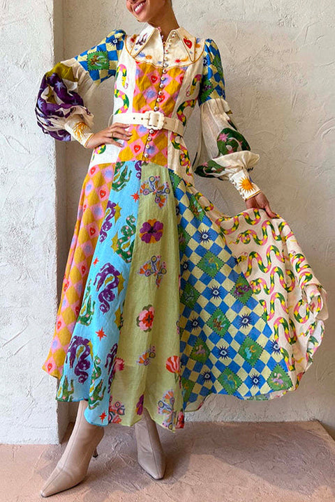 Febedress Balloon Long Sleeves Belted Unique Printed Swing Maxi Shirtdress