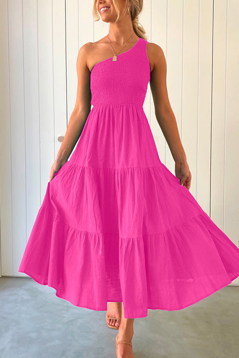 Febedress One Shoulder Sleeveless Smocked Ruffle Tiered Maxi Dress